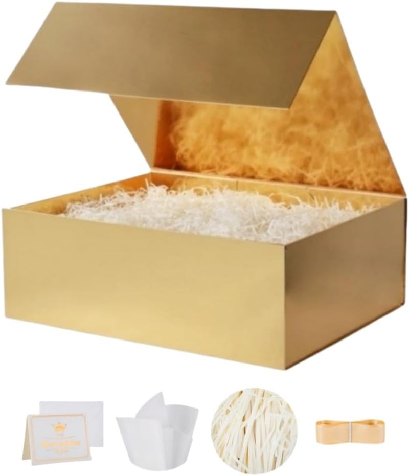 UoeRing 1 Pcs Gold Gift Box Large 13.5x11.8x4.7 inch Luxury Gift Box for Presents with Magnetic Closure Lid Collapsible,Birthday,Contains Card, Ribbon, Tissue Paper,Shredded Paper Filler - Image 1